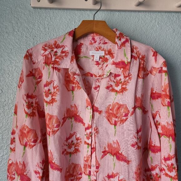Charter Club 100% linen floral long roll sleeve button down shirt - Picture 5 of 9